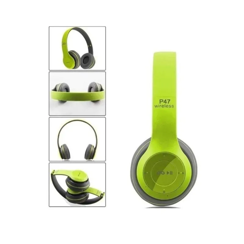 Audifono Manos Libres Bluetooth Stereo MP3 Wirelles P47 Color Verde Con Gris 