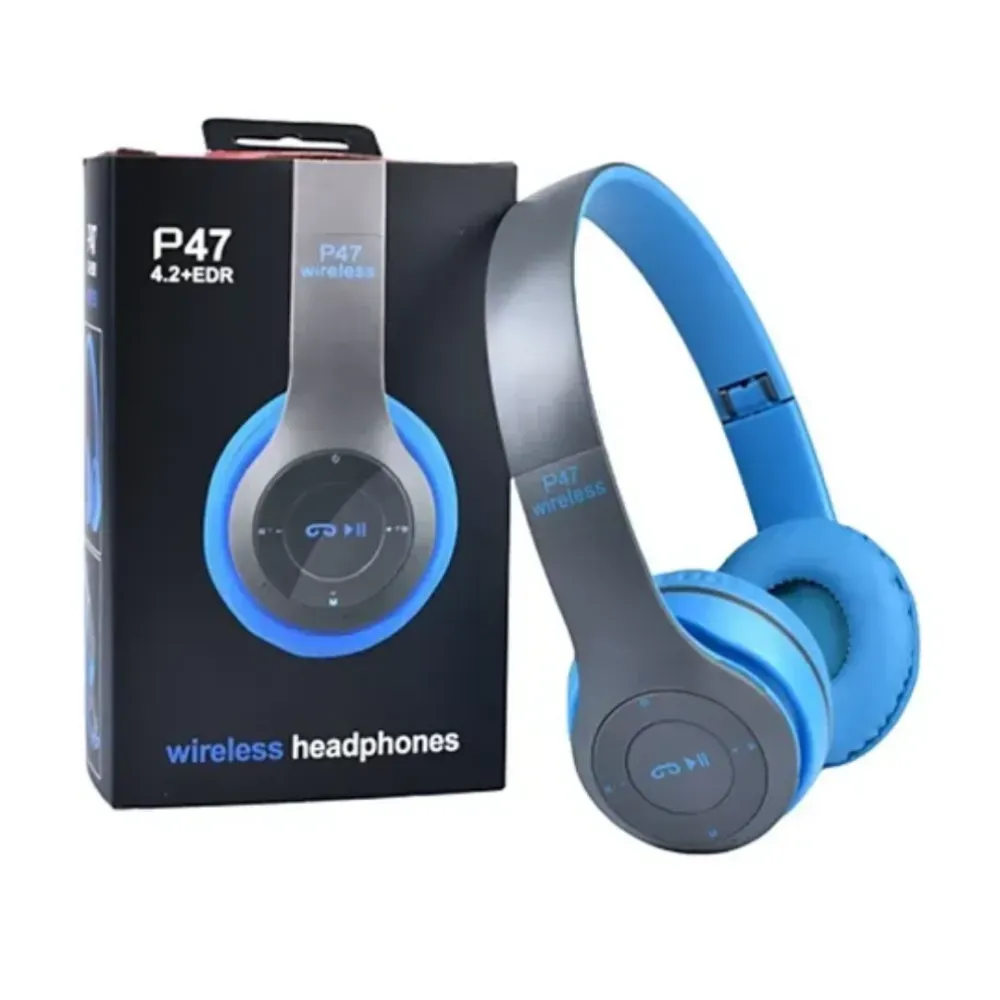 Audifono Manos Libres Bluetooth Stereo MP3 Wirelles P47 Color Gris Con Celeste