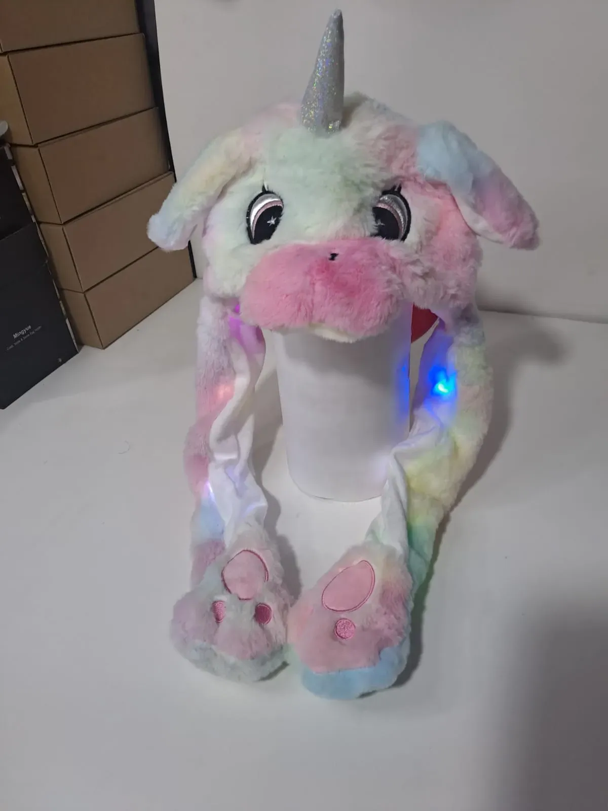 Gorro De Unicornio Con Luces Con Orejas Moviles Gorrito Kawaii