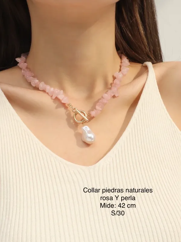 Collar piedras naturales rosadas y perla 