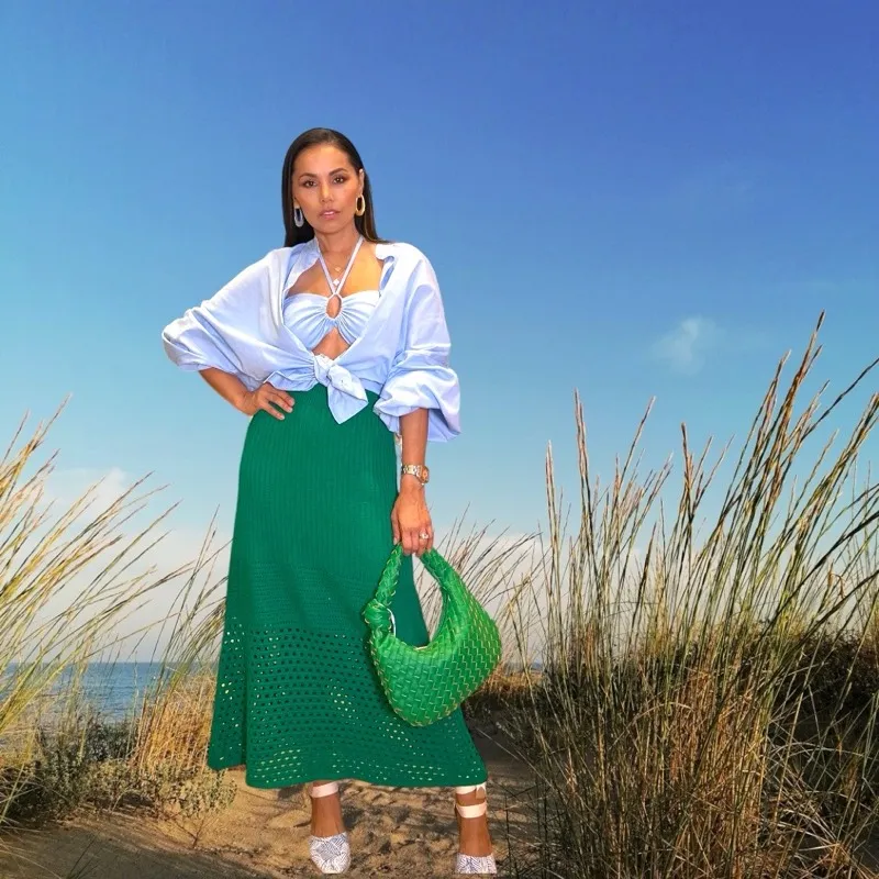 Maxi falda en tejido de punto verde esmeralda 