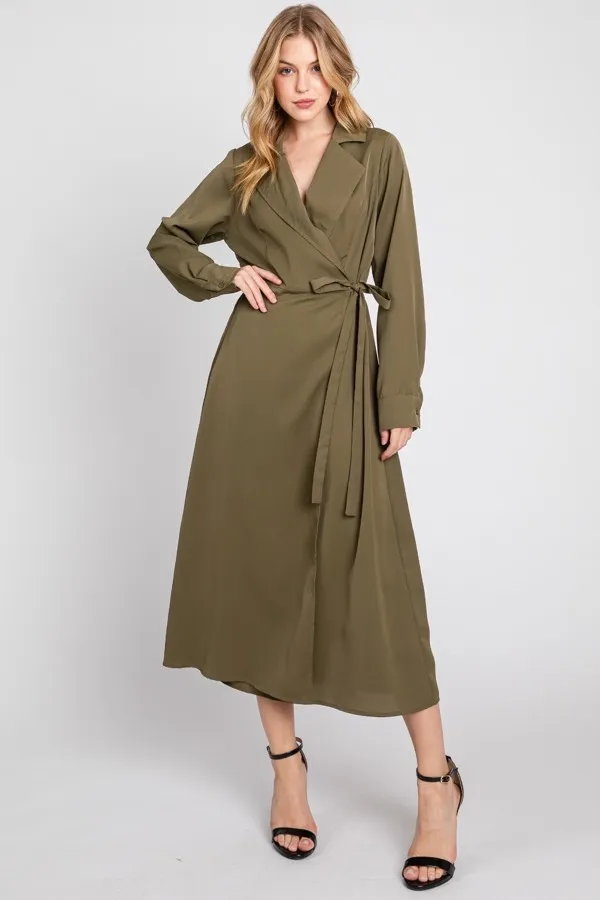 Vestido midi manga larga oliva