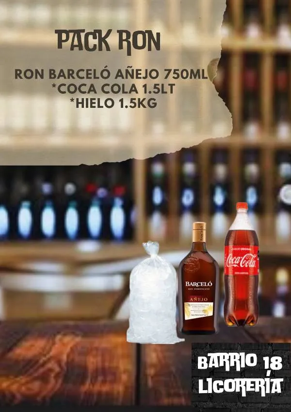 Ron BARCELÓ añejo 750ML +cocacola 1.3lt+hielo