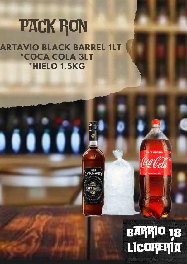 Cartavio Black barrel 1lt +Cocacola 3lt +hielo 