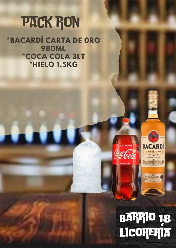 Ron BACARDÍ CARTA de oro de 980ML +cocacola 3lt +hielo 
