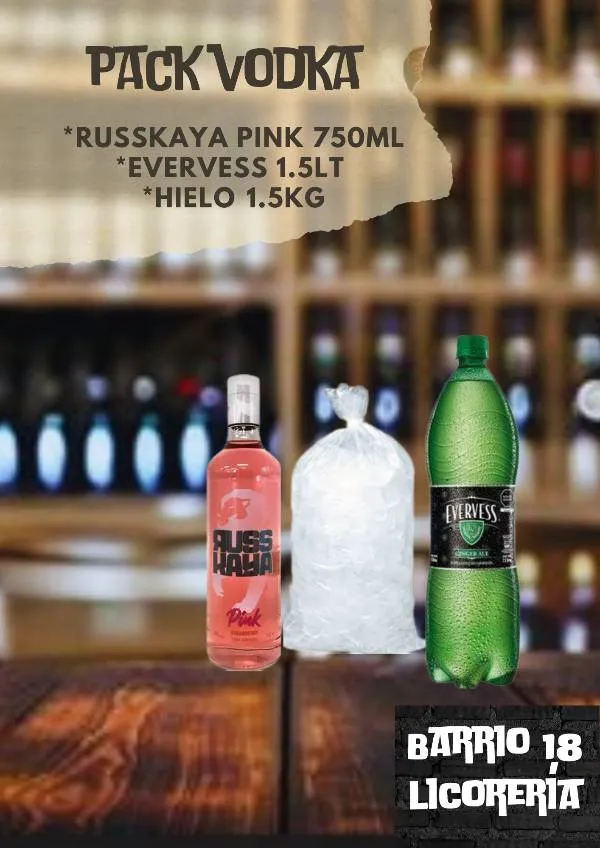 Vodka russkaya pink 750ML +evervess 1.5lt +hielo 