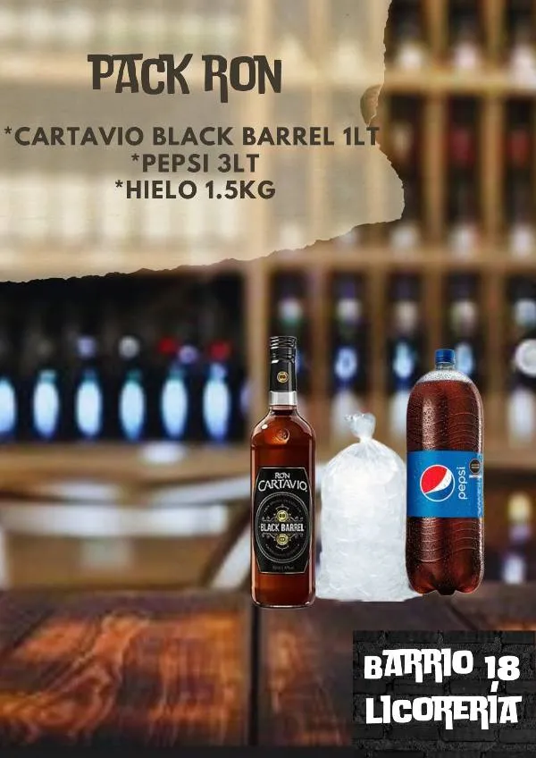 Cartavio Black barrel 1lt +pepsi 3lt +hielo 