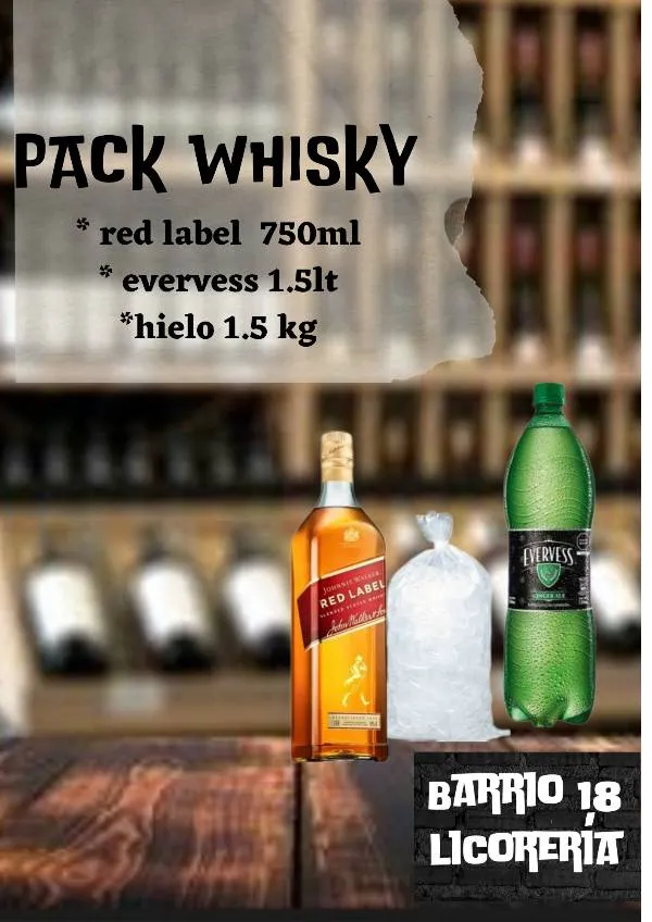 Whisky Red label 750ML +evervess +hielo 