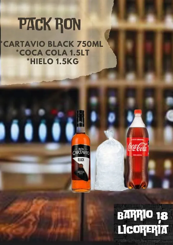 Ron cartavio Black 750ML +cocacola 1.5LT +hielo 