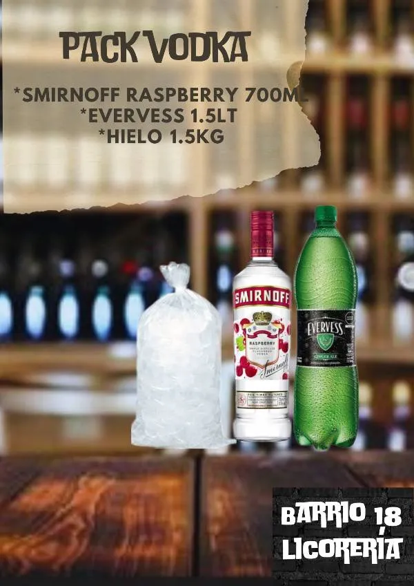 Vodka smirnoff rasberry 750ML +evervess 1.5lt +hielo 