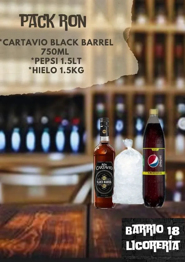 Cartavio Black barrel 750ML +pepsi 1.5LT +hielo 