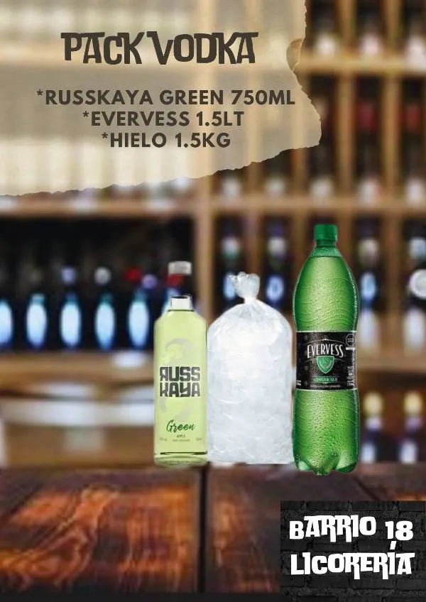 Vodka russkaya green 750ML +evervess 1.5lt +hielo 