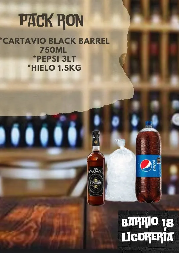 Cartavio Black barrel 750ML +pepsi 3lt + hielo 