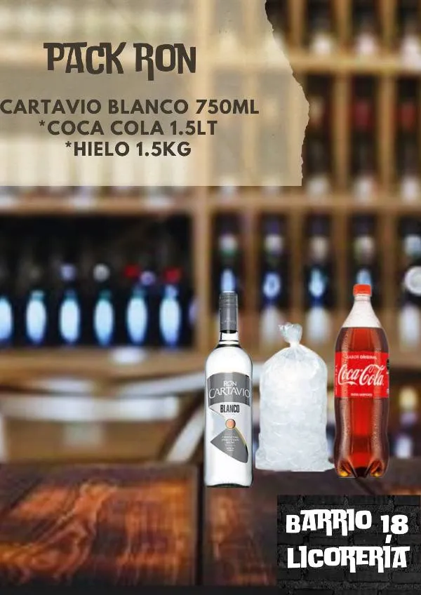 Ron cartavio Blanco 750ML +cocacola 1.5LT +hielo