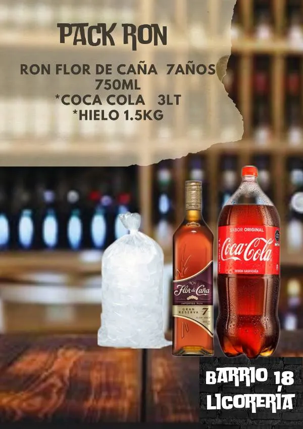 Ron flor de caña 7 años 750ML +Coca 3lt +hielo