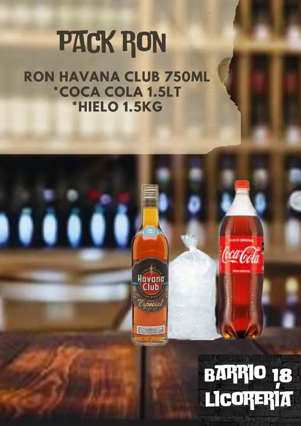 Ron Havana club 750ML +cocacola 1.5LT +hielo
