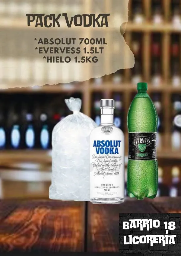 Vodka ABSOLUT 700ml+evervess 1.5lt +hielo 
