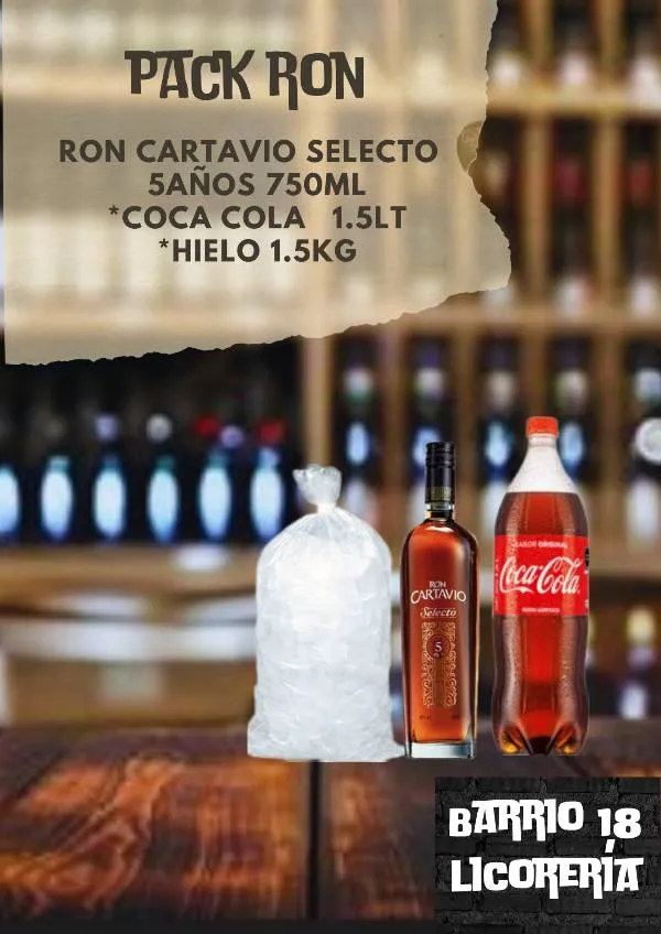 Ron cartavio selecto 5años 750ML +cocacola 1.5LT +hielo