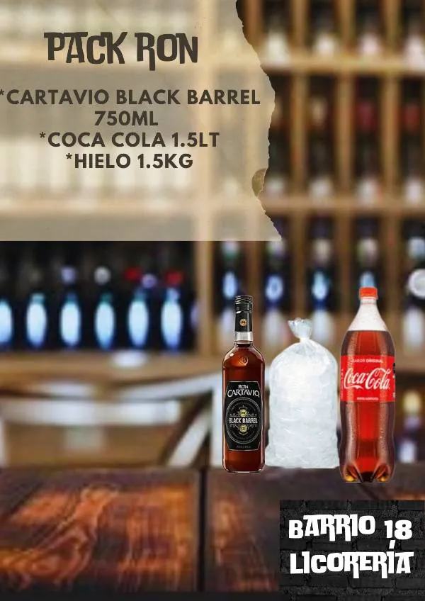 Ron cartavio Black barrel 750ML +cocacola 1.5LT +hielo 