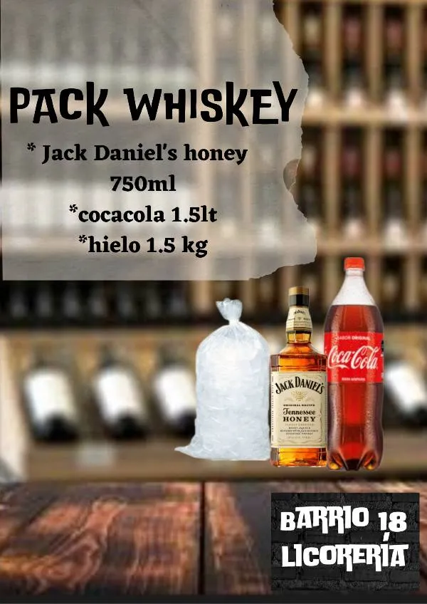 Whisky Jack Daniels honey +Coca 1.5 lt+hielo