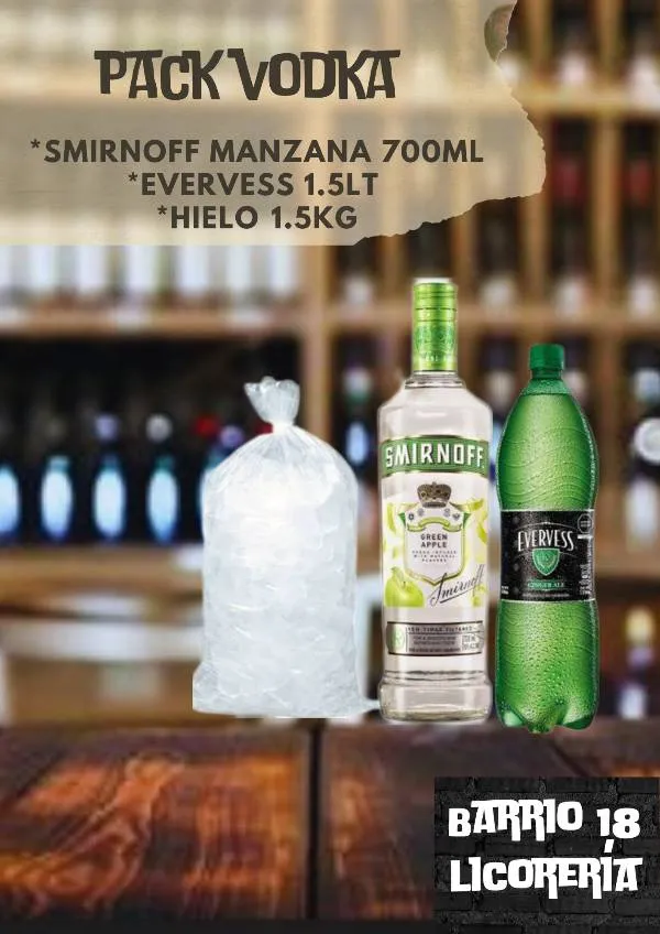 Vodka smirnoff manzana 750ML +evervess 1.5lt +hielo 