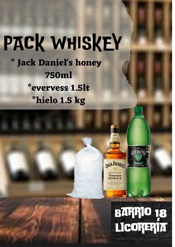 Jack Daniels honey 750ML +evervess 1.5lt +hielo 