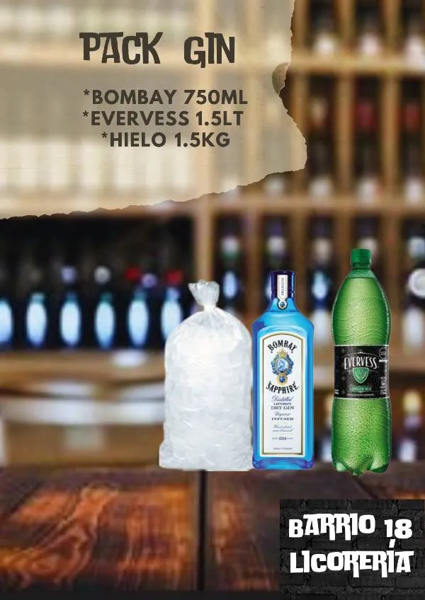 Gin Bombay 750ML +evervess 1.5lt +hielo 