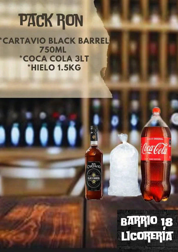 Ron cartavio Black barrel 750ML +cocacola 3lt +hielo 