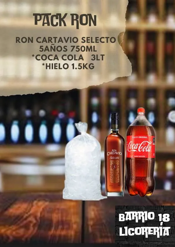 Ron cartavio selecto 5años 750ML +cocacola 3lt +hielo 
