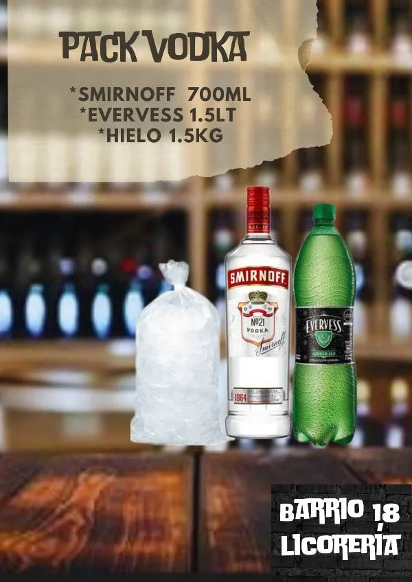 Vodka smirnoff N°21 700ML +evervess 1.5lt +hielo 