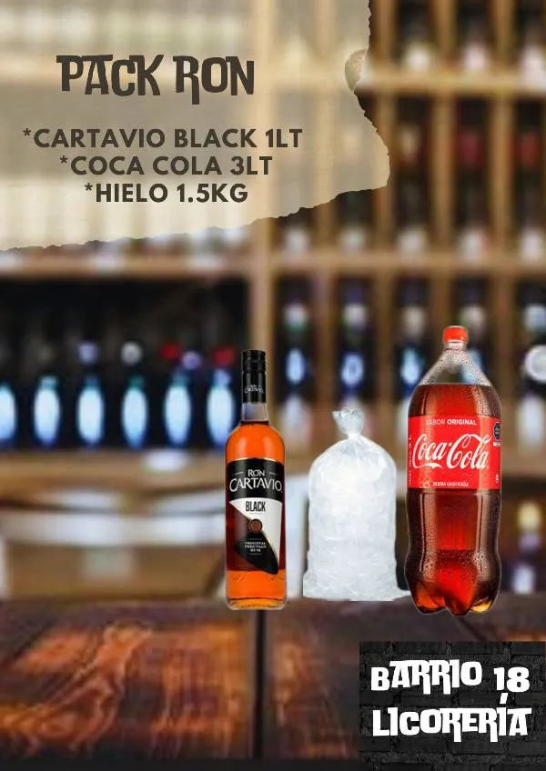 Ron cartavio Black 750ML 1lt+Cocacola 3lt +hielo 