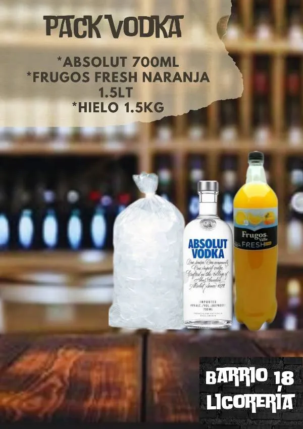 Vodka ABSOLUT 700ml +Frugos fresh naranja 1.5LT +hielo 