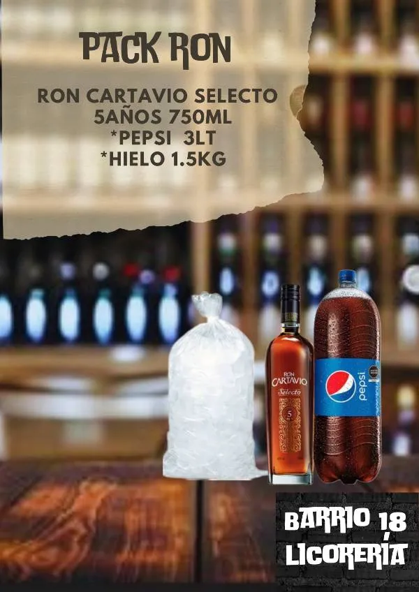 Ron cartavio selecto 5años 750ML +pepsi3lt +hielo 