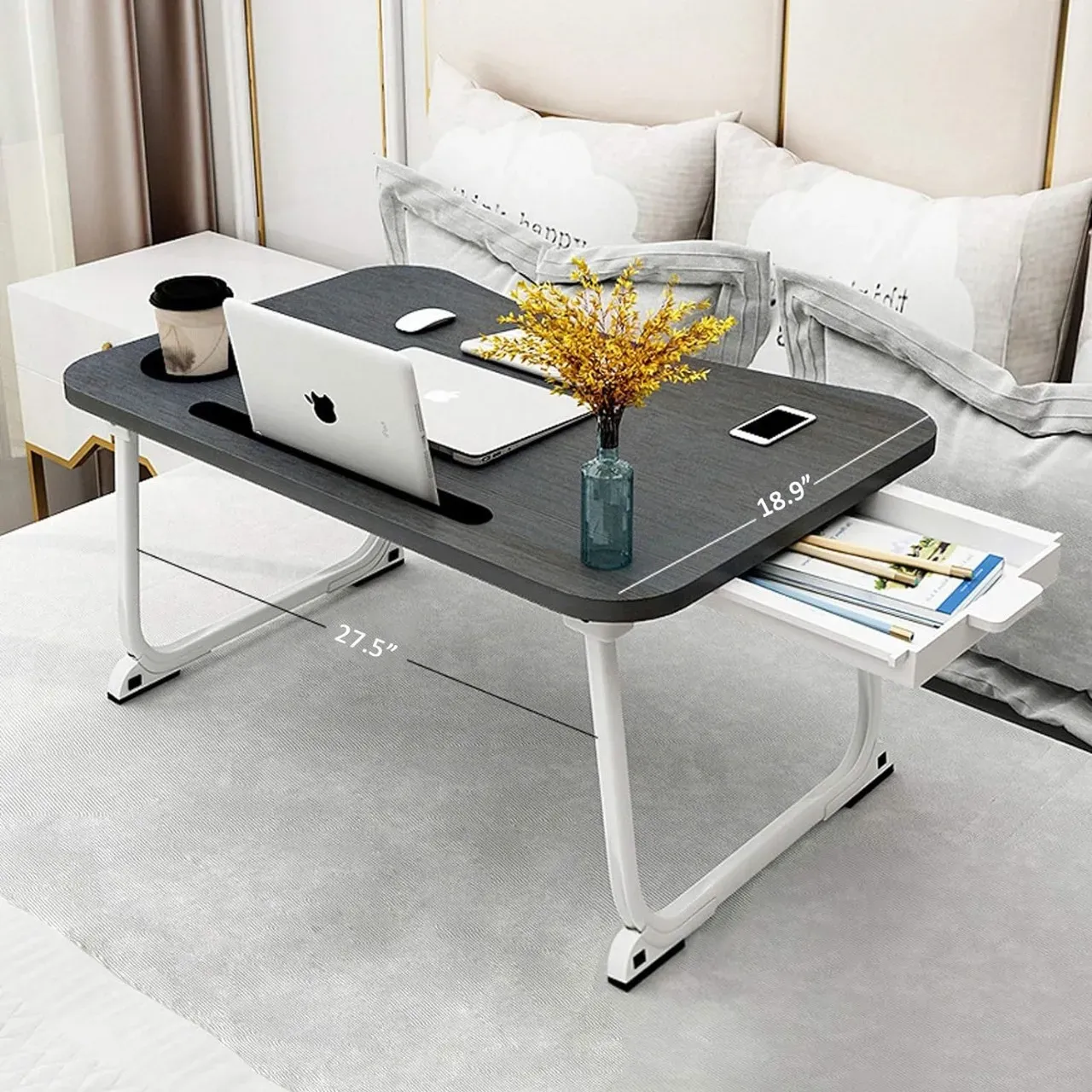 Mesa XXL para laptop, mesa de regazo portátil con soporte para bebidas y cajón de almacenamiento, mesa de pie para adultos, bandeja plegable para