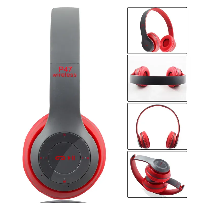 Audifono Manos Libres Bluetooth Stereo MP3 Wirelles P47 Color Gris Con Rojo