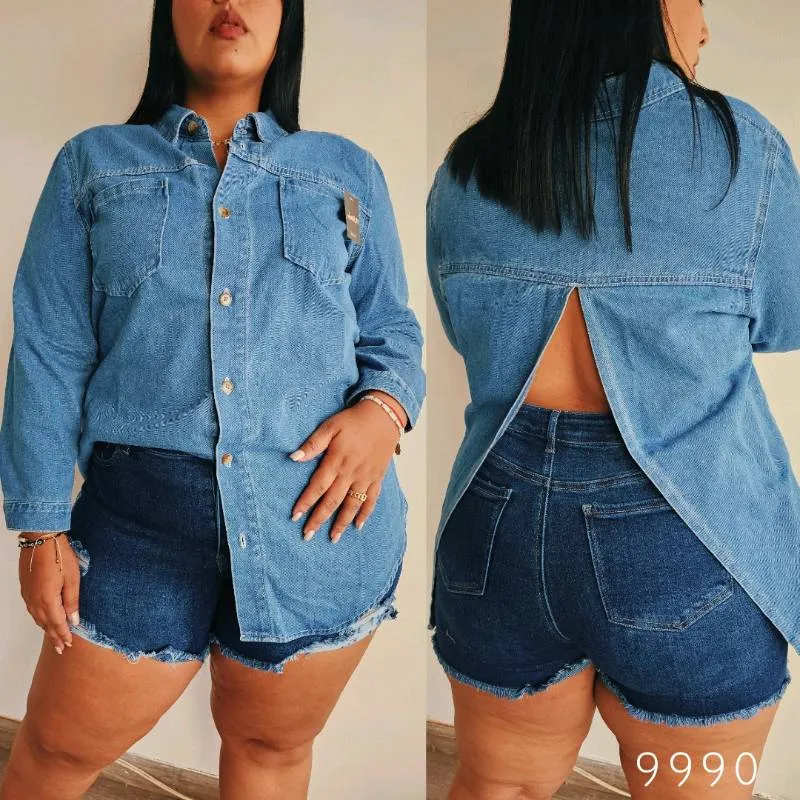 9990 - Camisa De Jeans Con Botones Y Abertura 