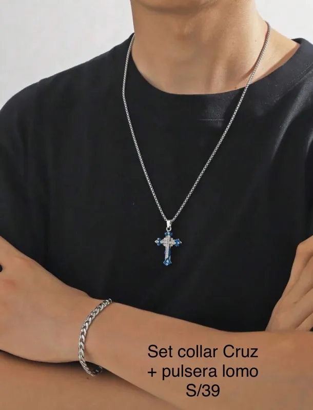 Set collar Cruz + pulsera lomo acero inoxidable 