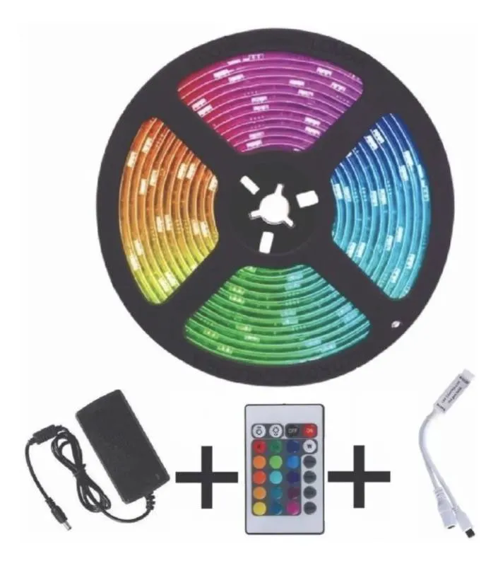 Cinta LED rgb multicolor con adaptador y control 24 teclas