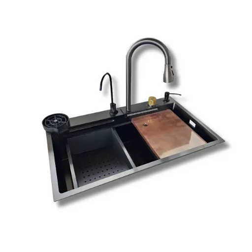 GPL0758 QSB FREGADERO CASCADA BLACK (NEGRO) + GRIFERIA + ACC. INOX (75X46) + PURIF