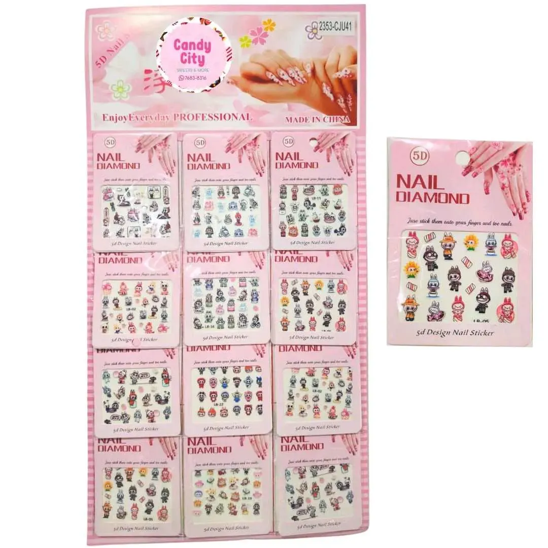 Carton stickers para uñas Labubu (12 unidades)