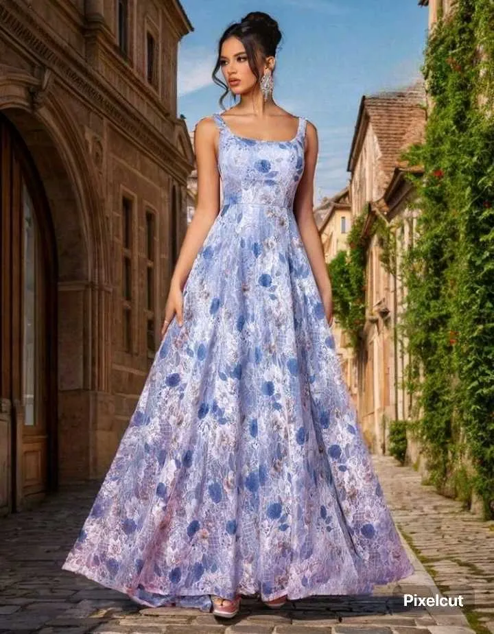 Vestido estampado floral azul de encaje ñ