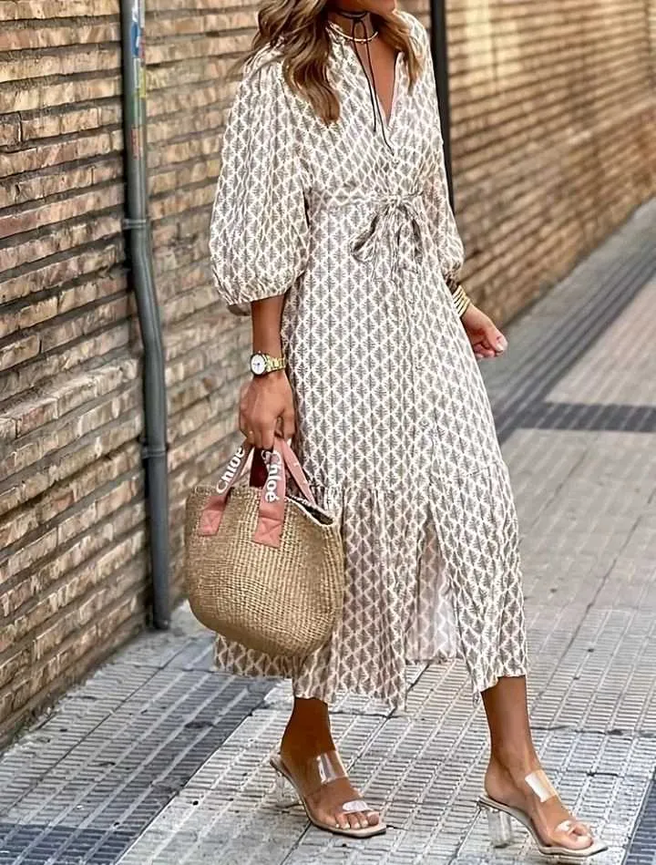 Vestido estampado geometrico beige con manga 