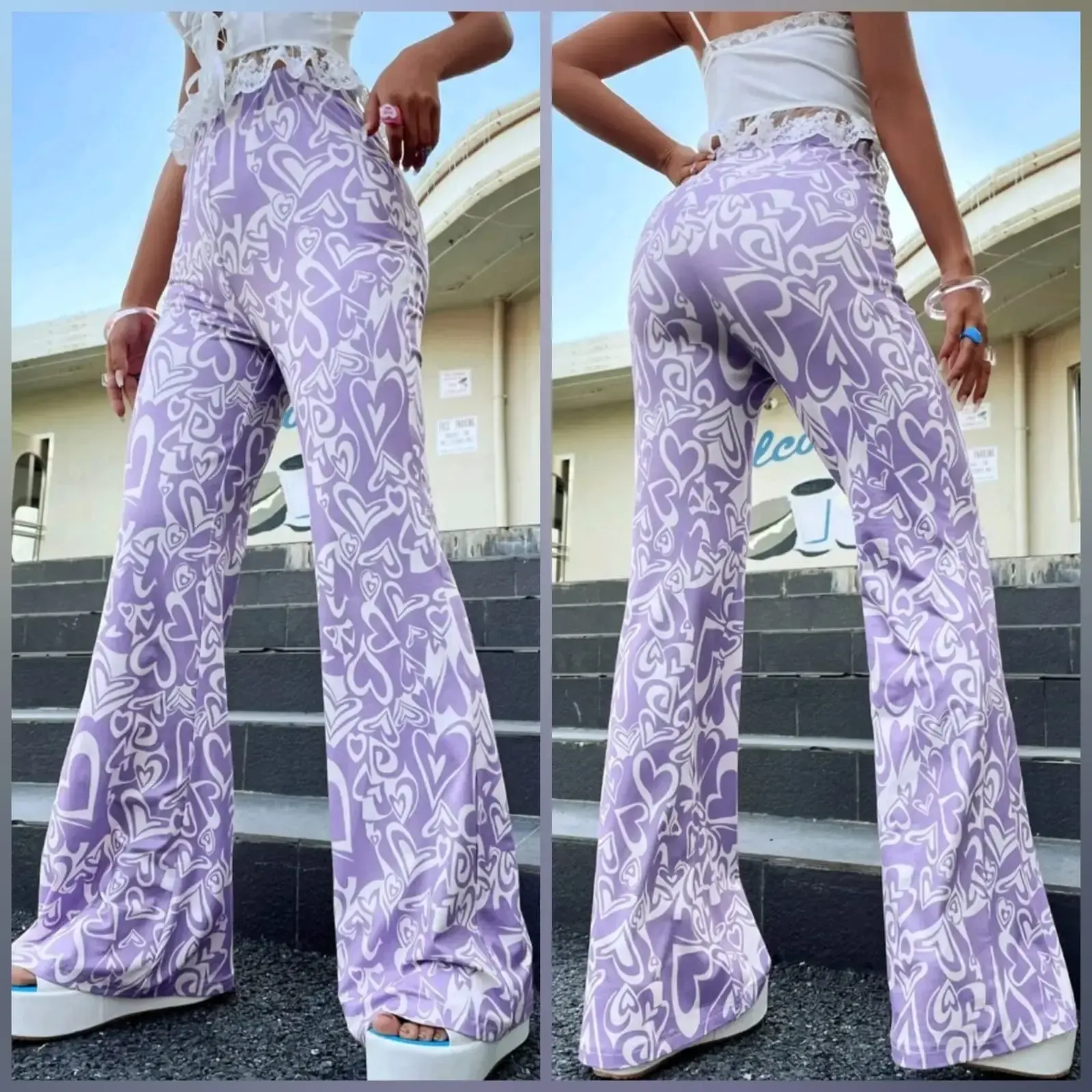 Precioso Pantalón Acampanado con Estamapado de Corazones