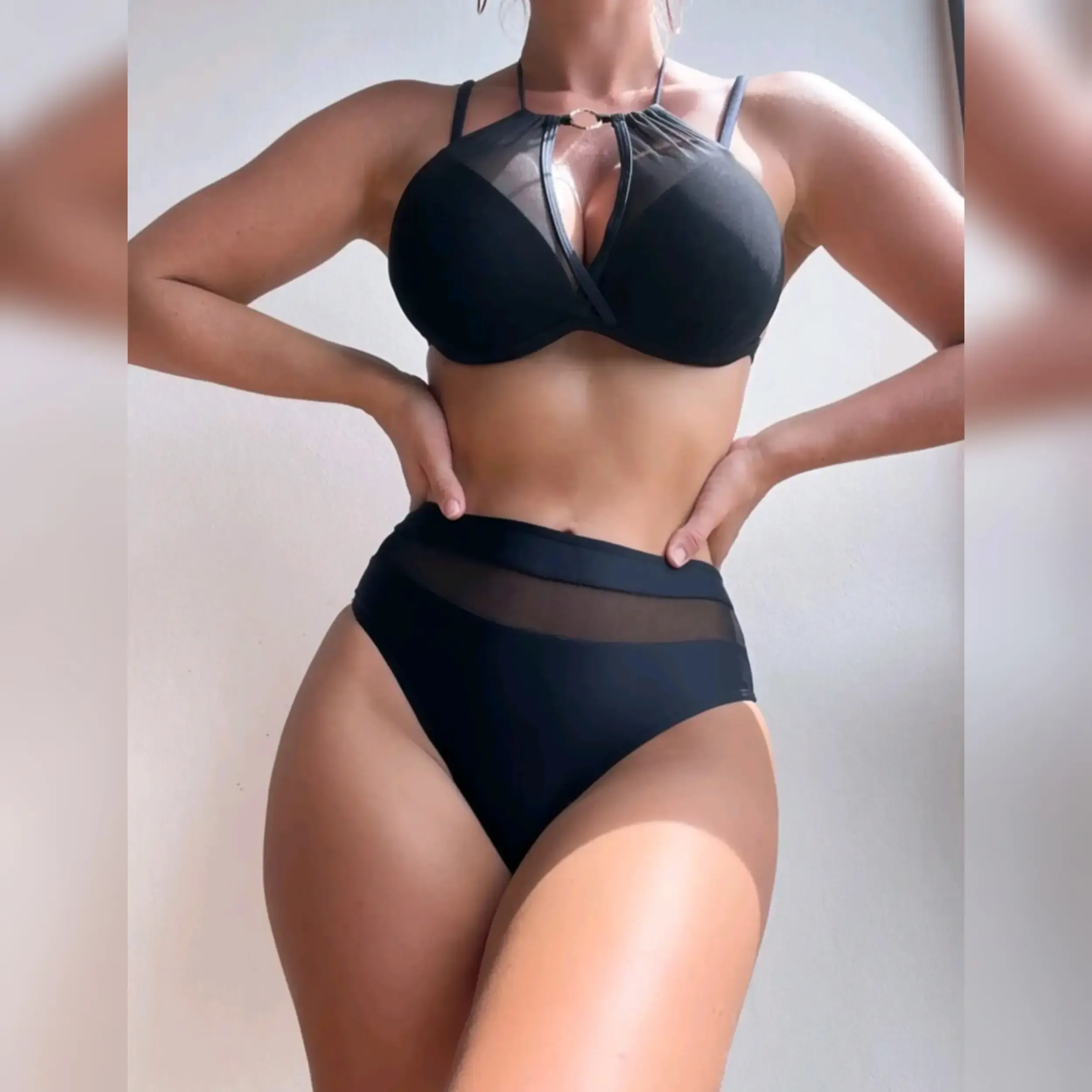 Traje de Baño De dos Piezas de Escote halter y detalle de malla