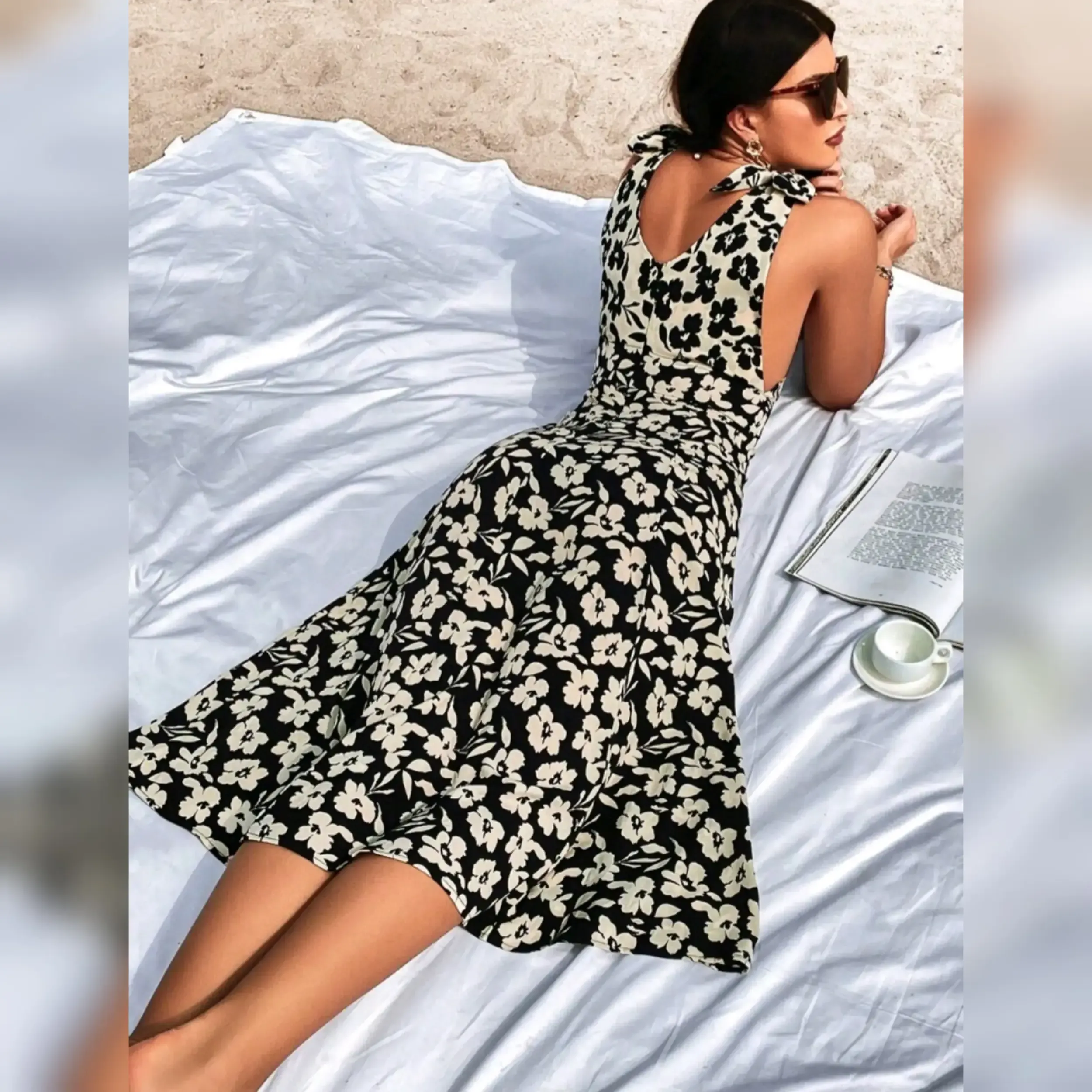 Vestido Con Estampado Floral y Hombro Con Nudo Talla M 