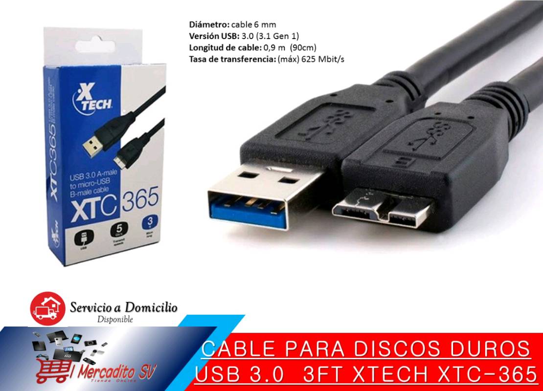 CABLE USB 3.0 A MICRO USB B PARA DISCO DURO EXTERNO XTECH XTC365