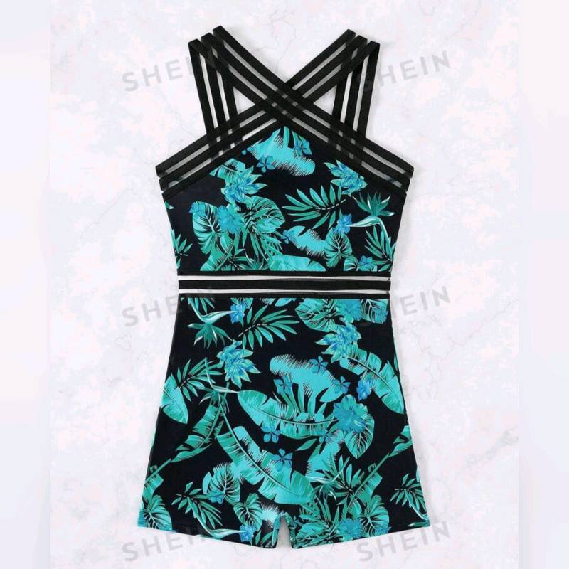 Traje De Baño De 1 Pieza Con diseño Cruzado  & Estampado Tropical 