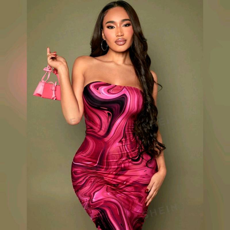 Vestido Ajustado Sin  Tirantes & Estampado De Mármol 