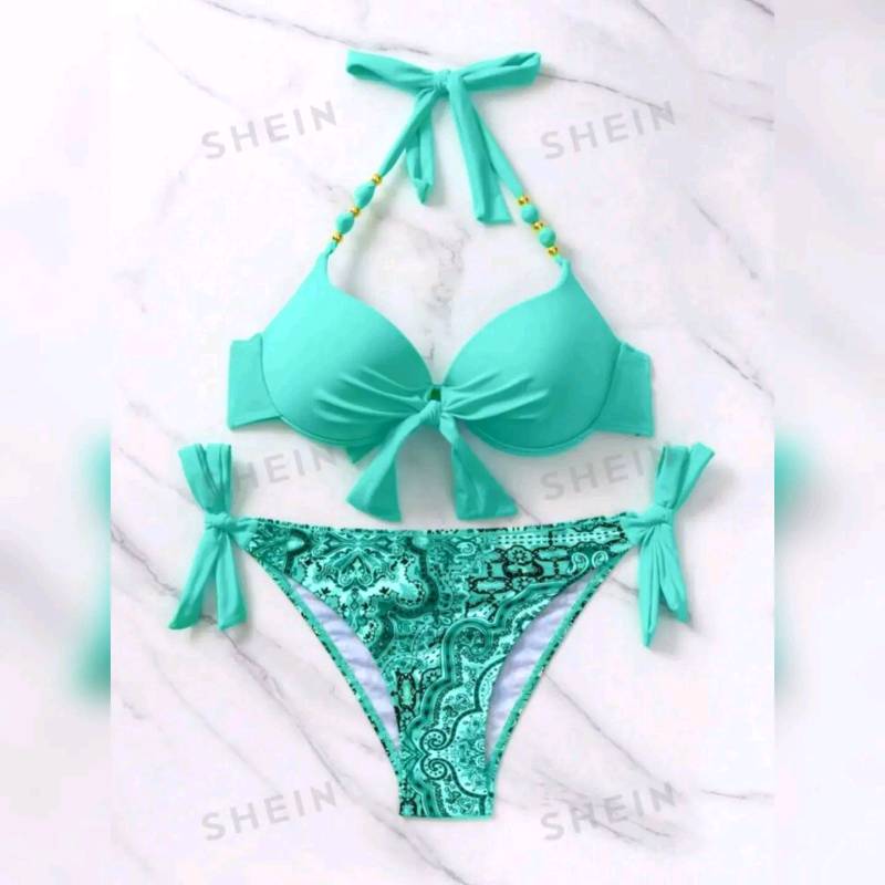 Traje de Baño de 2 piezas Push up Con Estampado de Paisley & Nudo Delantero