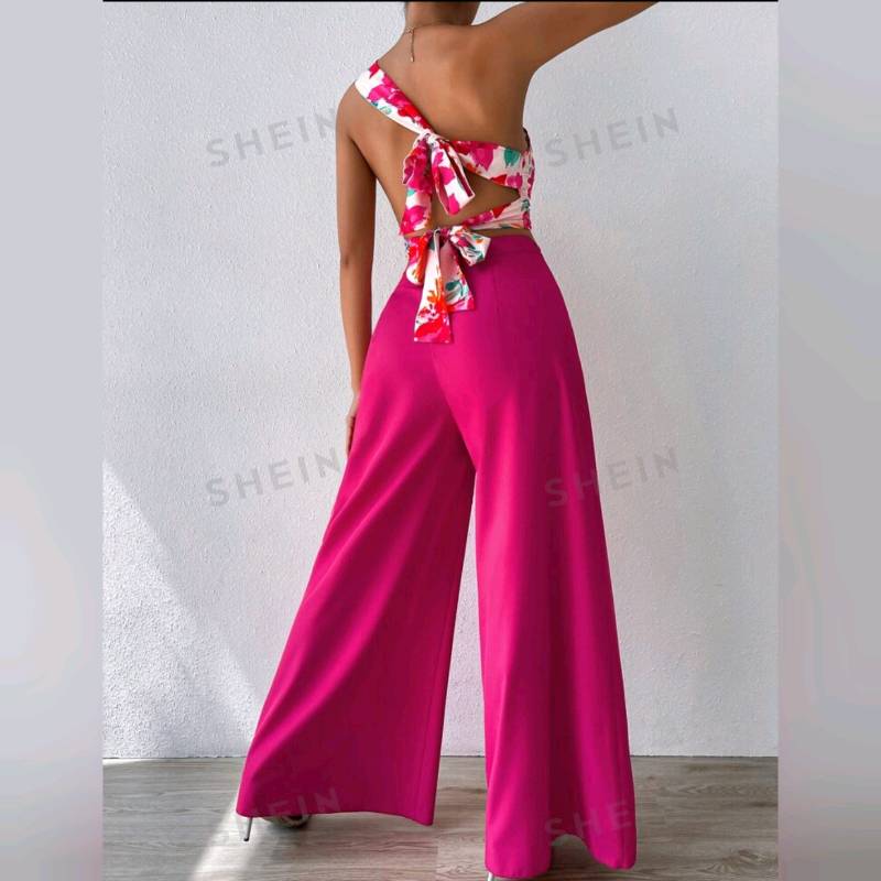 Conjunto De Pantalon Pierna Ancha Con Cuello Asimétrico Y Estampado 